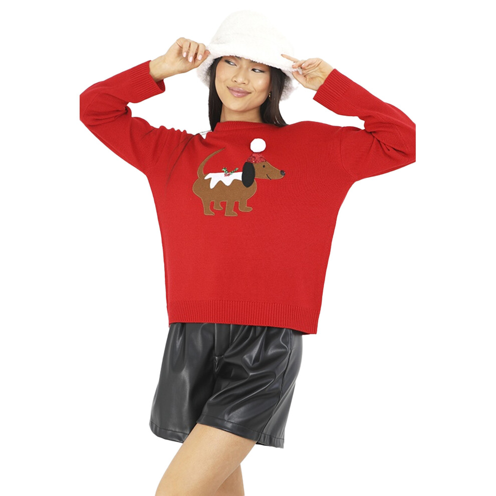 (XS, Red) Brave Soul Womens Christmas Dog Jumper