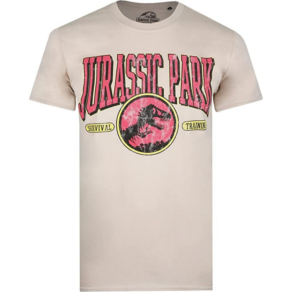 (M, Sand) Jurassic Park Mens Survival Training Cotton T-Shirt