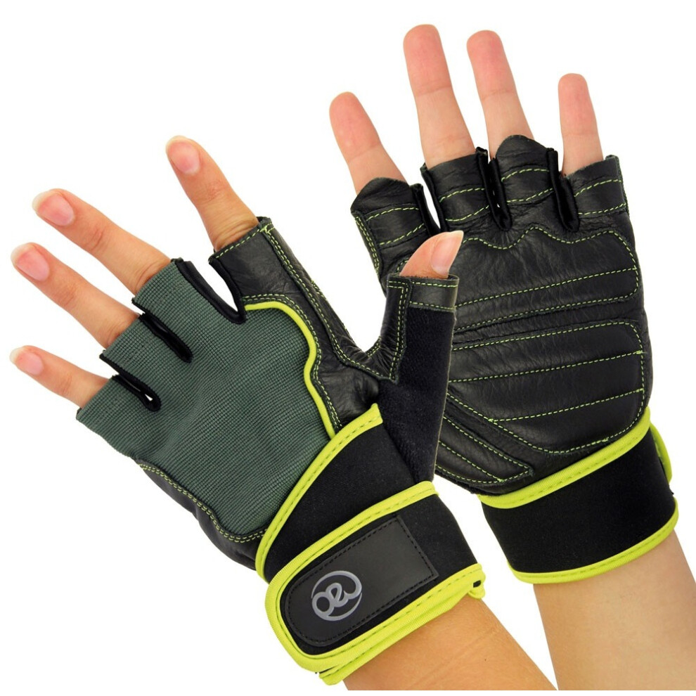 (S, Black/Neon Green) Fitness Mad Mens Leather Weightlifting Gloves