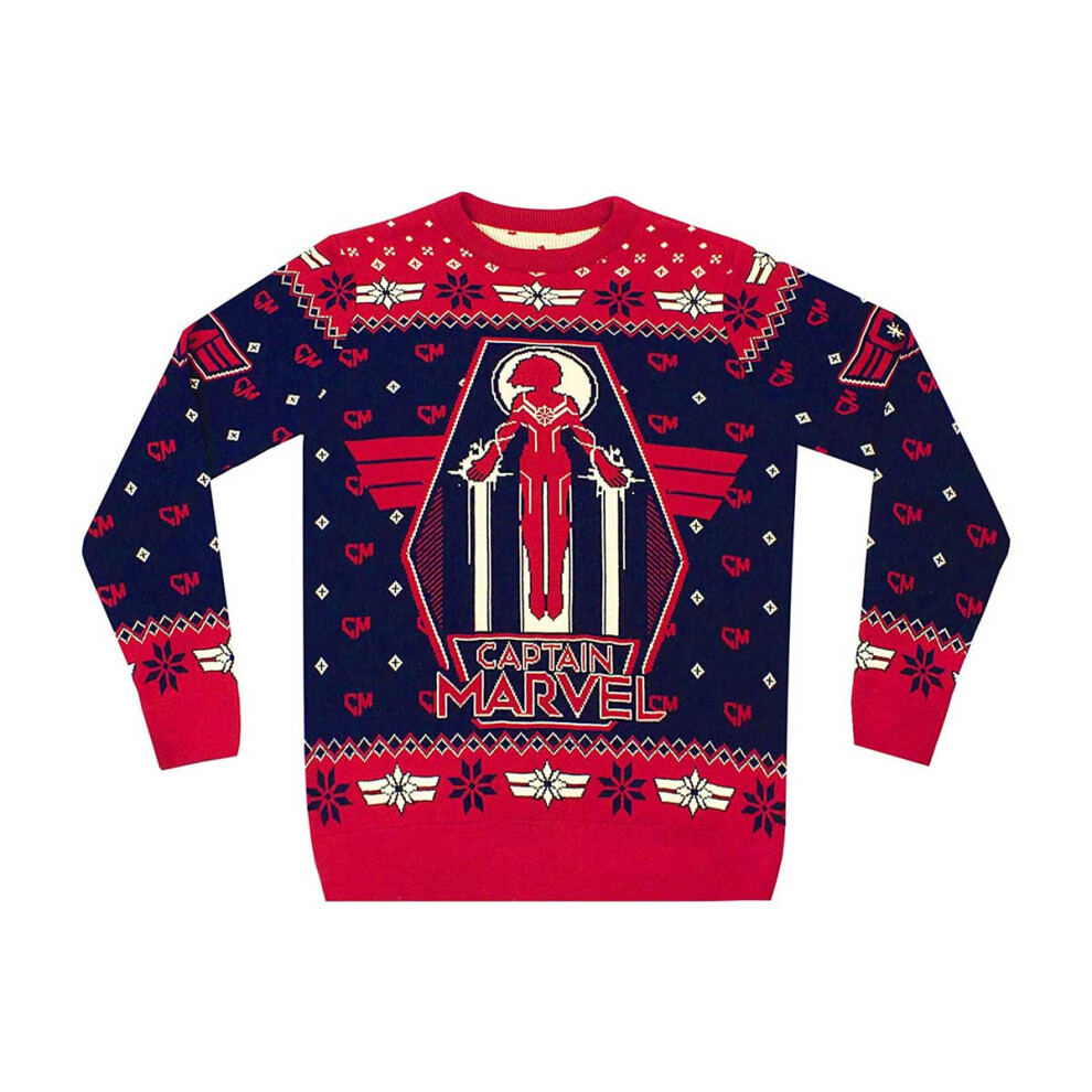 (L, Red/Black) Captain Marvel Womens/Ladies Premium Knitted Christmas Jumper