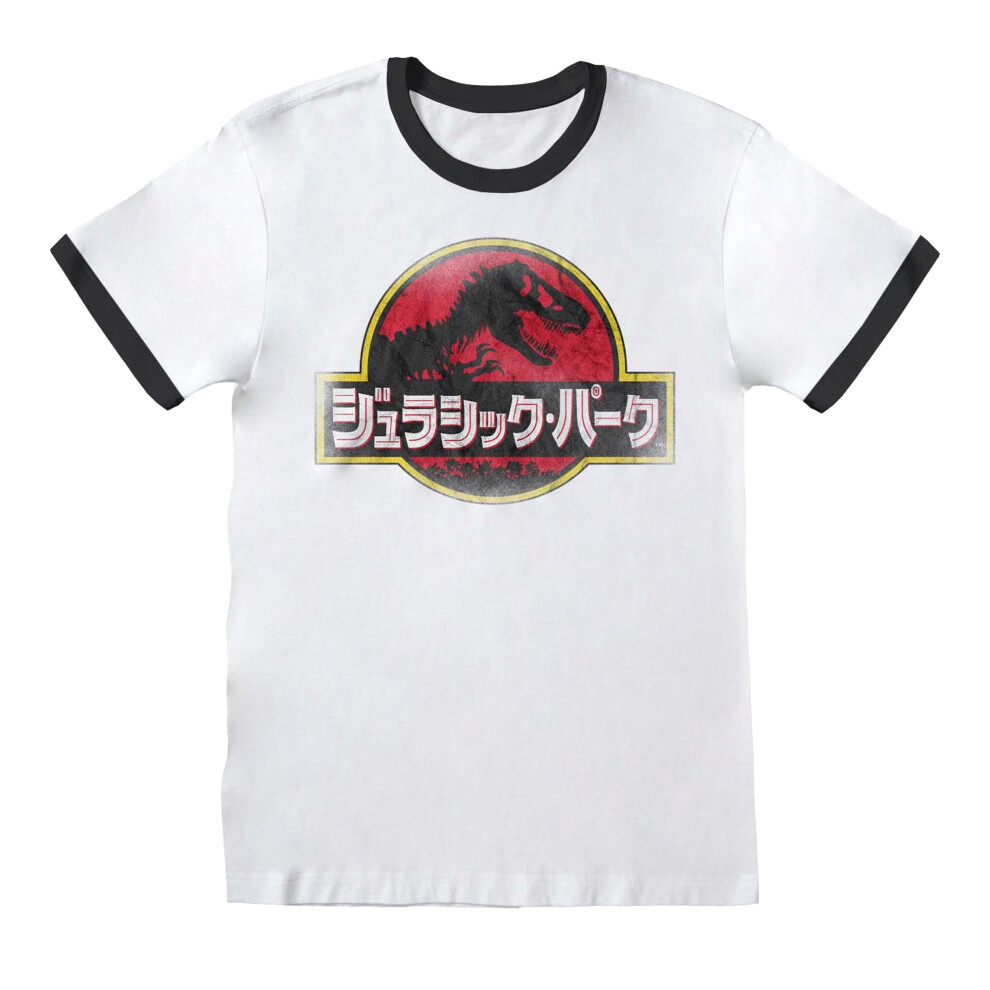 (XL, White) Jurassic Park Unisex Adult Ringer Japanese Logo T-Shirt