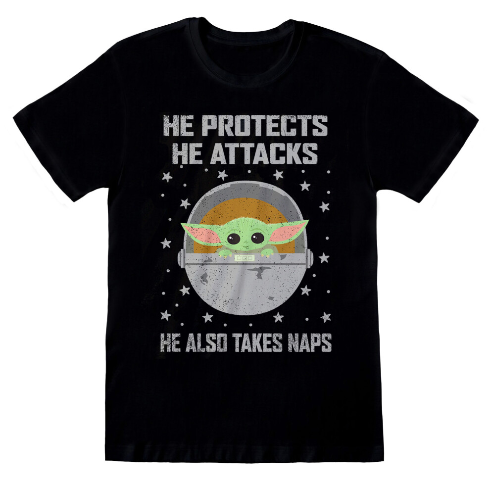 (S, Black) Star Wars: The Mandalorian Unisex Adult Protects And Attacks T-Shirt