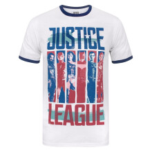 (M, White) Justice League Mens Character Strips Ringer T-Shirt