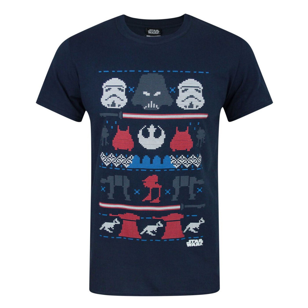 (2XL, Blue) Star Wars Mens Dark Side Fair Isle Christmas T-Shirt
