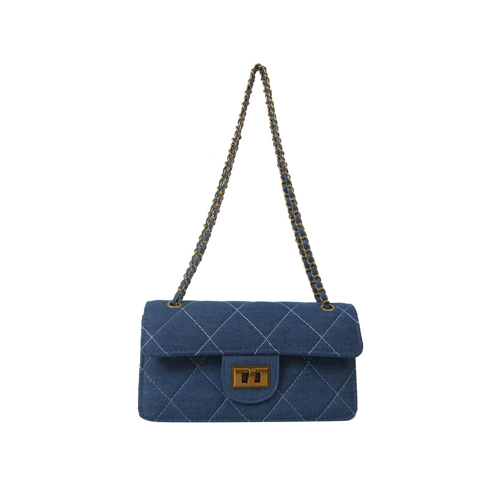 (Dark Blue) Chain Stylish Quilted Crossbody Bag Womens Chic Denim Shoulder Bag Winter 2023