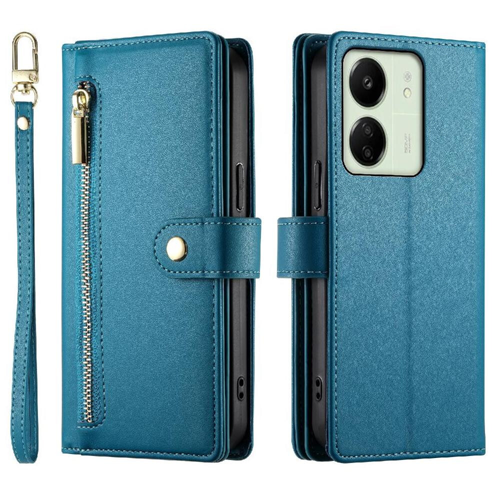 (Blue) Flip Case For Xiaomi Redmi 13C 4G/5G Kickstand Wallet Compartment Wrist Strap Multifunctional Card Slots Blue 764762769512