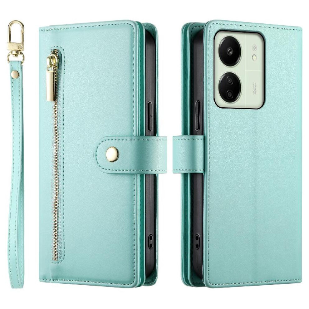 (Green) Flip Case For Xiaomi Redmi 13C 4G/5G Kickstand Wallet Compartment Wrist Strap Multifunctional Card Slots Green 764762769482