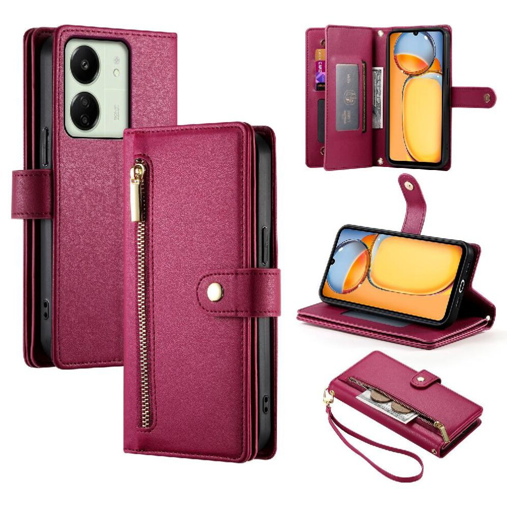 (Red) Flip Case For Xiaomi Mi 13C 4G/5G Kickstand Wallet Compartment Wrist Strap Multifunctional Card Slots Red 764762769468