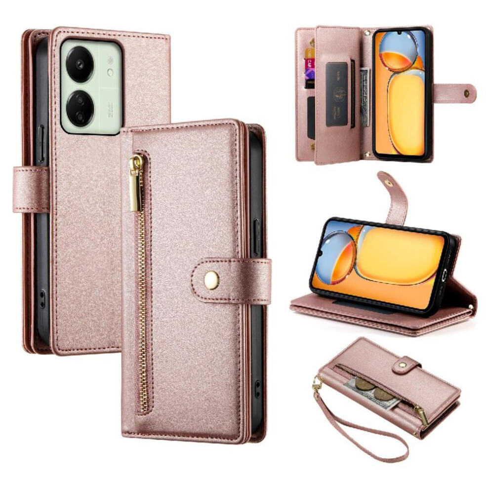 (Pink) Flip Case For Xiaomi Redmi 13C 4G/5G Kickstand Wallet Compartment Wrist Strap Multifunctional Card Slots Pink 764762769475