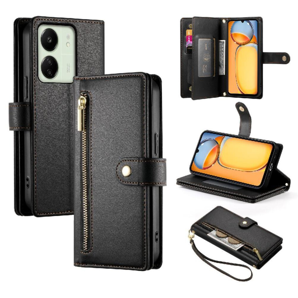 (Black) Flip Case For Xiaomi Redmi 13C 4G/5G Kickstand Wallet Compartment Wrist Strap Multifunctional Card Slots Black 764762769505
