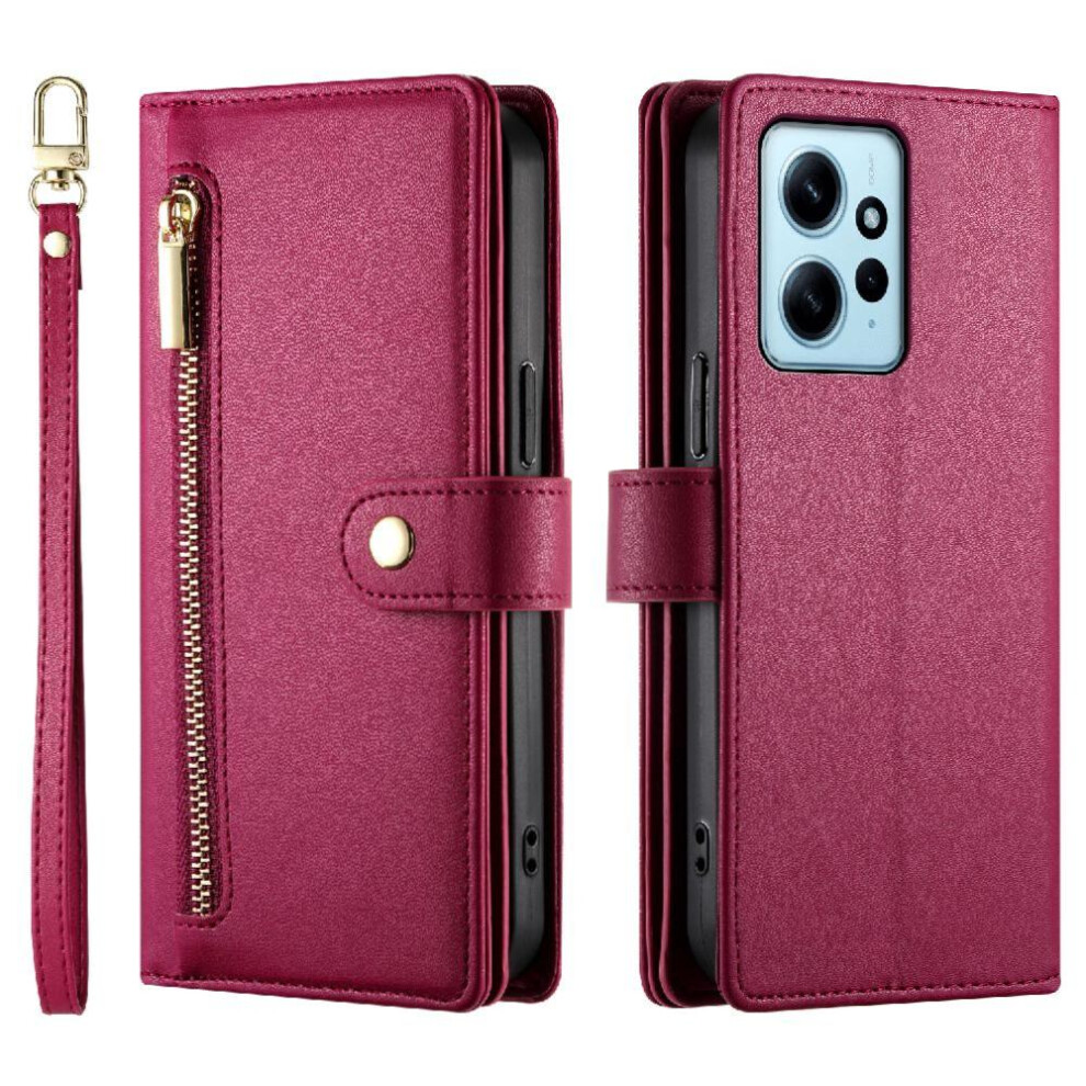 (Red) Flip Case For Xiaomi Mi Note 12 4G Wrist Strap Wallet Compartment Kickstand Multifunctional Card Slots Red 764762769703