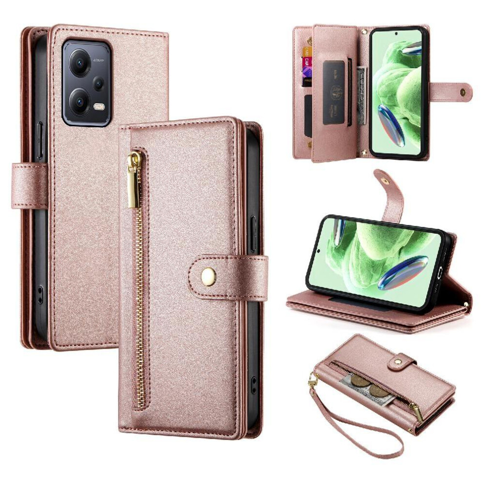 (Pink) Flip Case For Xiaomi Poco X5 Wallet Compartment Multifunctional Card Slots Kickstand Wrist Strap Pink 764762769772