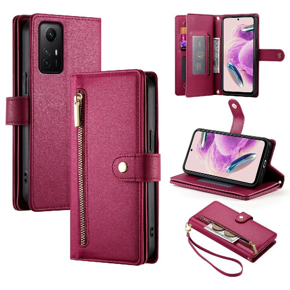 (Red) Flip Case For Xiaomi Mi Note 12S 4G Multifunctional Card Slots Wallet Compartment Kickstand Wrist Strap Red 764762769888