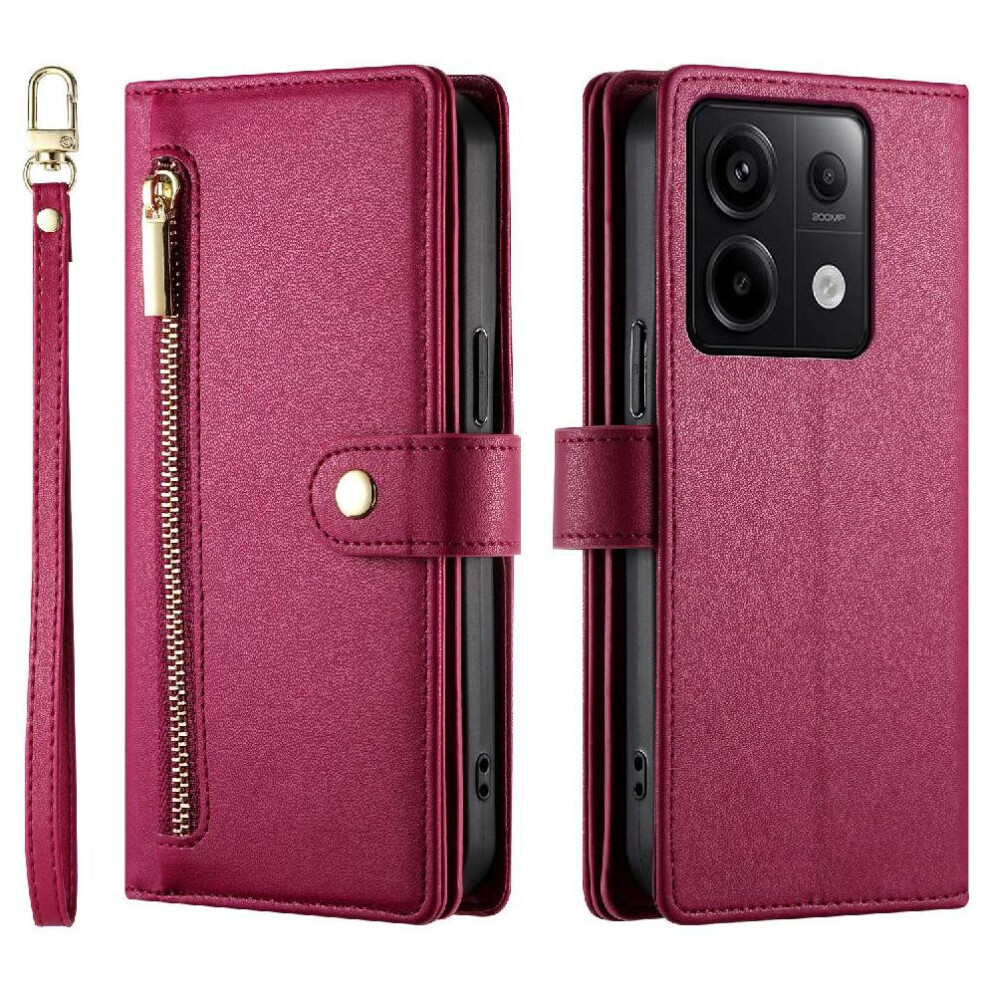 Photos - Case Flip for Xiaomi Poco X6 5g Multifunctional Card Slots Wrist Strap Wallet Compartment Kickstand(Red)