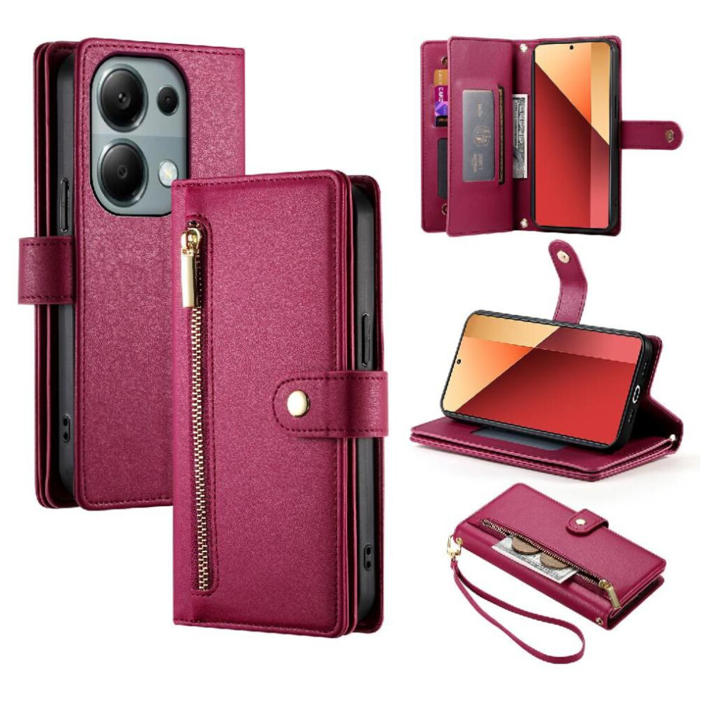 (Red) Flip Case For Xiaomi Mi Note 13 Pro 4G Wrist Strap Multifunctional Card Slots Kickstand Wallet Compartment Red 764762770181