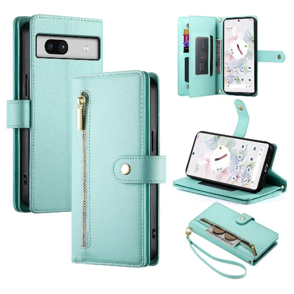 (Green) Flip Case for Google Pixel 7a Wallet Compartment Multifunctional Card Slots Wrist Strap Kickstand