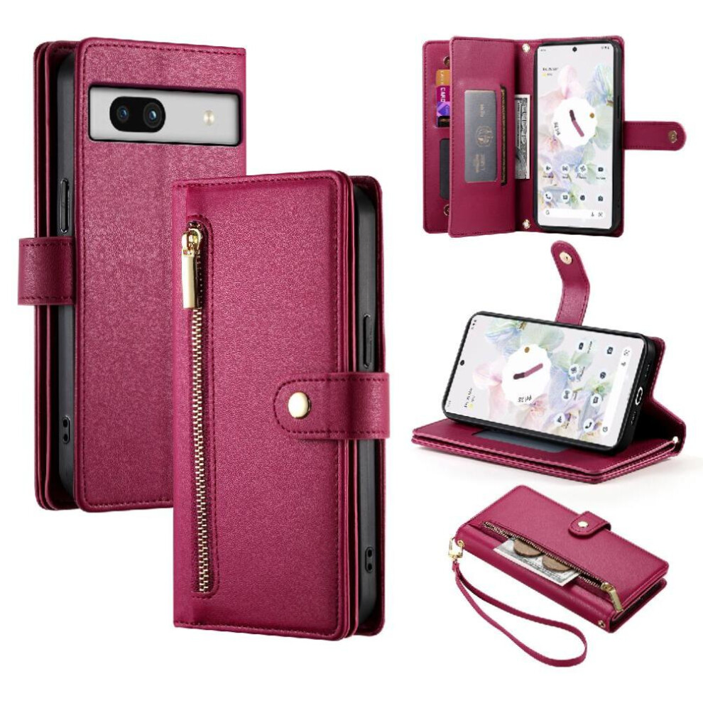 (Red) Flip Case For Google Pixel 7A Wallet Compartment Multifunctional Card Slots Wrist Strap Kickstand Red 764762770426