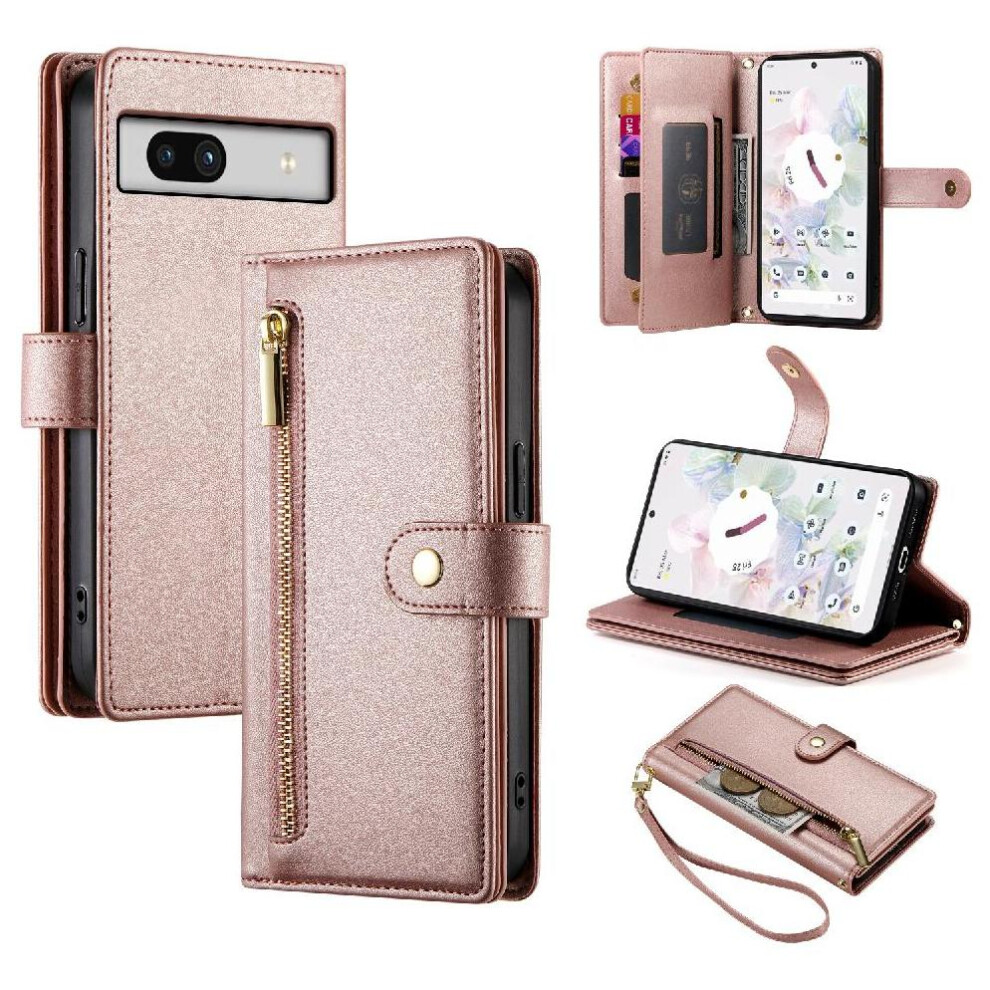 (Pink) Flip Case For Google Pixel 7A Wallet Compartment Multifunctional Card Slots Wrist Strap Kickstand Pink 764762770433