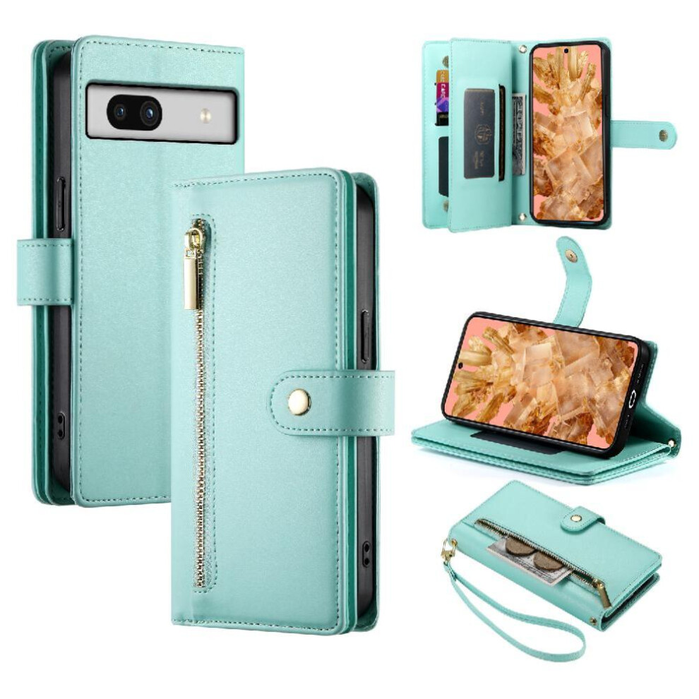 (Green) Flip Case For Google Pixel 8 Multifunctional Card Slots Wallet Compartment Wrist Strap Kickstand Green 764762770501
