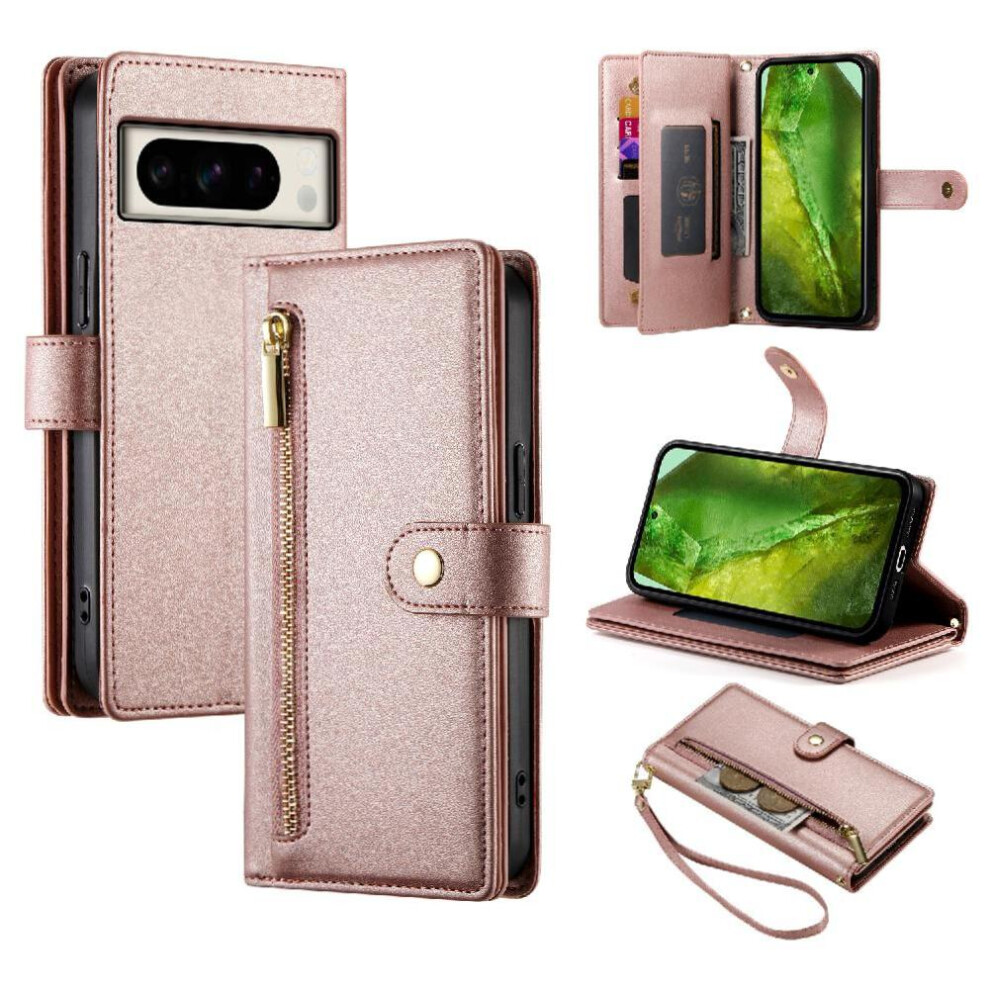 (Pink) Flip Case For Google Pixel 8A Wallet Compartment Multifunctional Card Slots Wrist Strap Kickstand Pink 764762770617