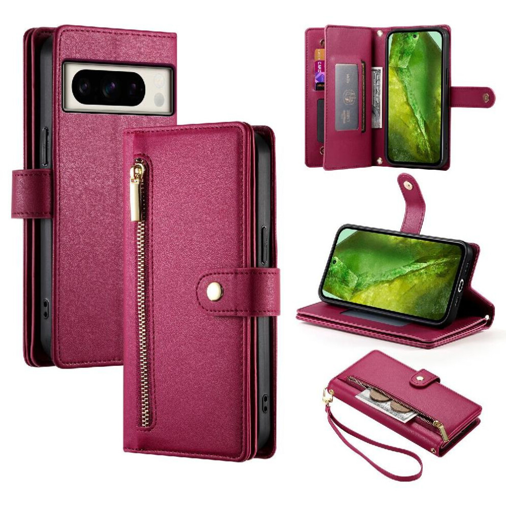 (Red) Flip Case For Google Pixel 8A Wallet Compartment Multifunctional Card Slots Wrist Strap Kickstand Red 764762770600