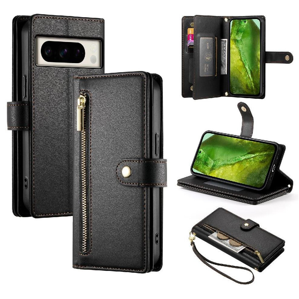 (Black) Flip Case For Google Pixel 8A Wallet Compartment Multifunctional Card Slots Wrist Strap Kickstand Black 764762770648