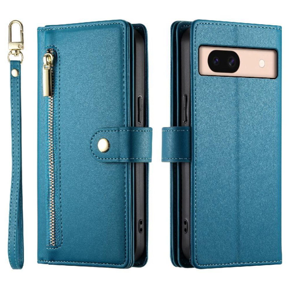 (Blue) Flip Case For Google Pixel 8A Wallet Compartment Multifunctional Card Slots Wrist Strap Kickstand Blue 764762770655