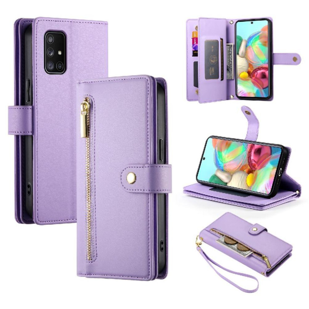 (Purple) Flip Case For Samsung Galaxy A71 4G Multifunctional Card Slots Kickstand Wrist Strap Wallet Compartment Purple 764762770938