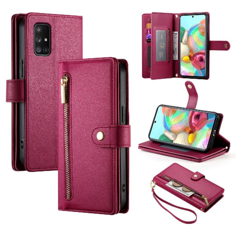 (Red) Flip Case For Samsung Galaxy A71 4G Multifunctional Card Slots Kickstand Wrist Strap Wallet Compartment Red 764762770907