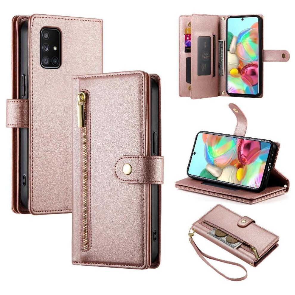 (Pink) Flip Case For Samsung Galaxy A71 4G Multifunctional Card Slots Kickstand Wrist Strap Wallet Compartment Pink 764762770914