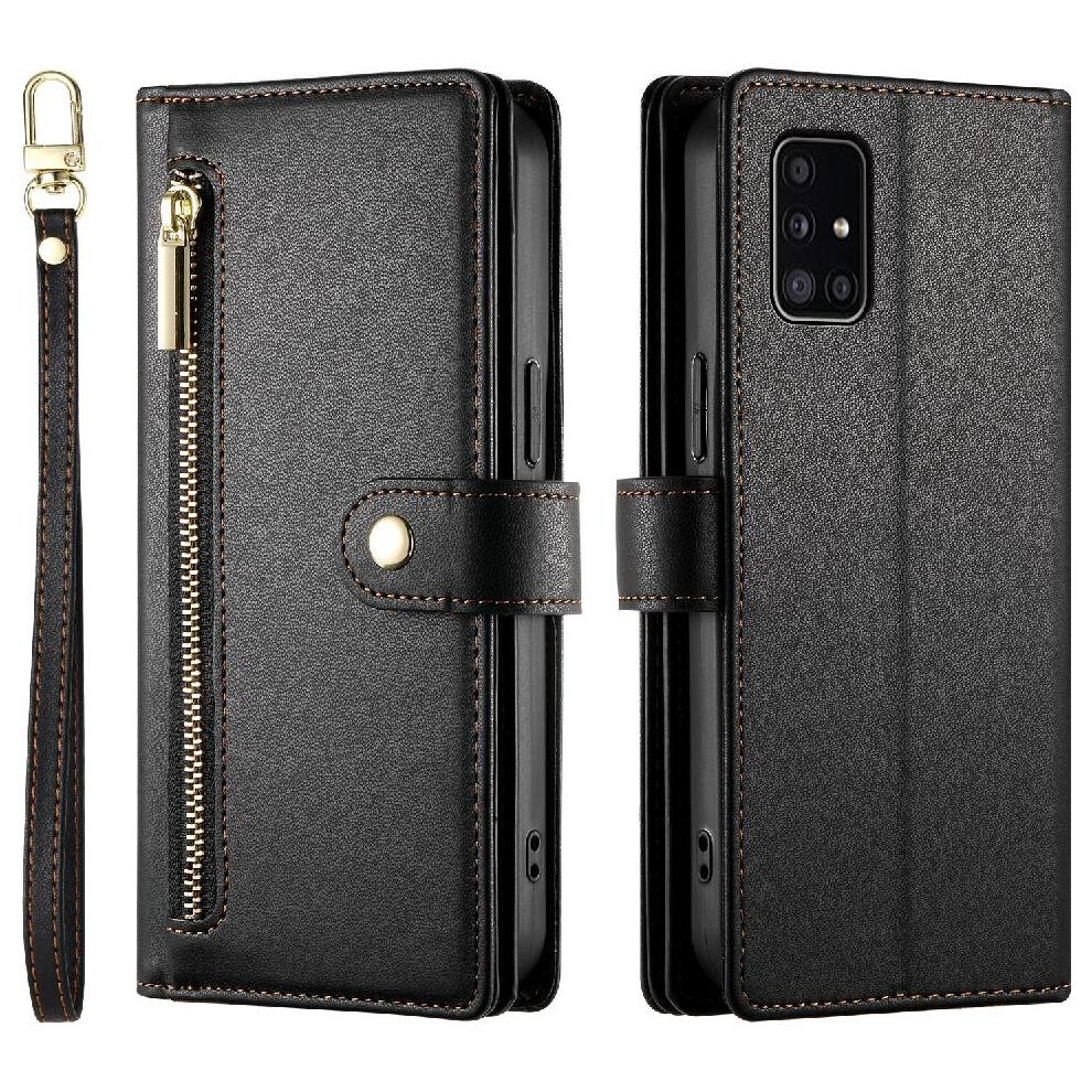 (Black) Flip Case For Samsung Galaxy A51 4G Multifunctional Card Slots Wrist Strap Kickstand Wallet Compartment Black 764762771300