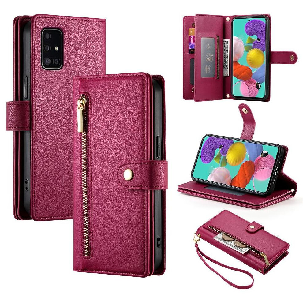 (Red) Flip Case For Samsung Galaxy A51 4G Multifunctional Card Slots Wrist Strap Kickstand Wallet Compartment Red 764762771263