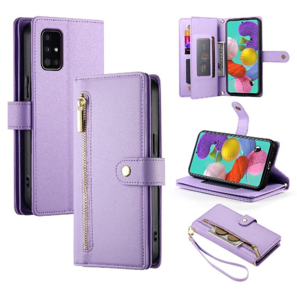 (Purple) Flip Case For Samsung Galaxy A51 4G Multifunctional Card Slots Wrist Strap Kickstand Wallet Compartment Purple 764762771294