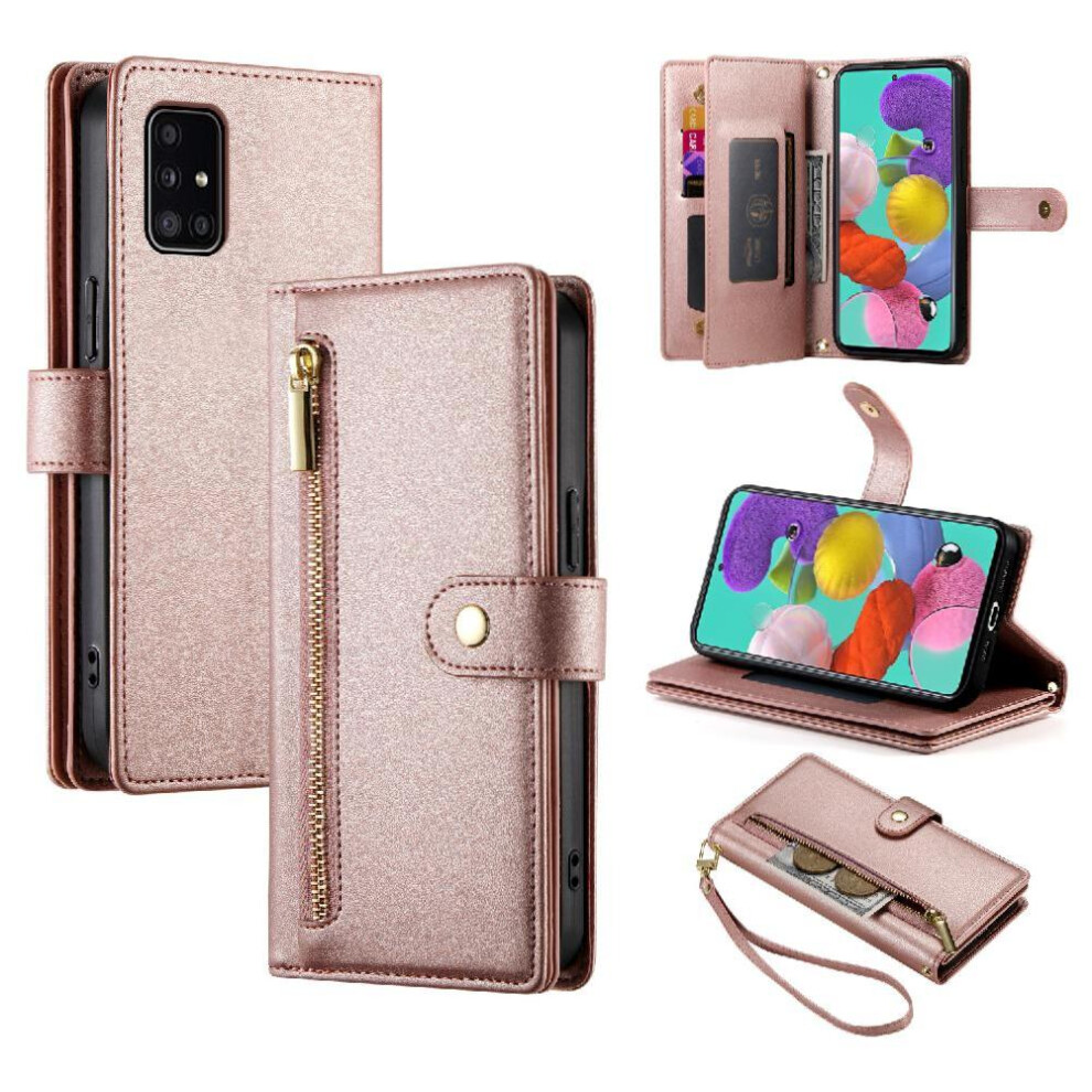 (Pink) Flip Case For Samsung Galaxy A51 4G Multifunctional Card Slots Wrist Strap Kickstand Wallet Compartment Pink 764762771270