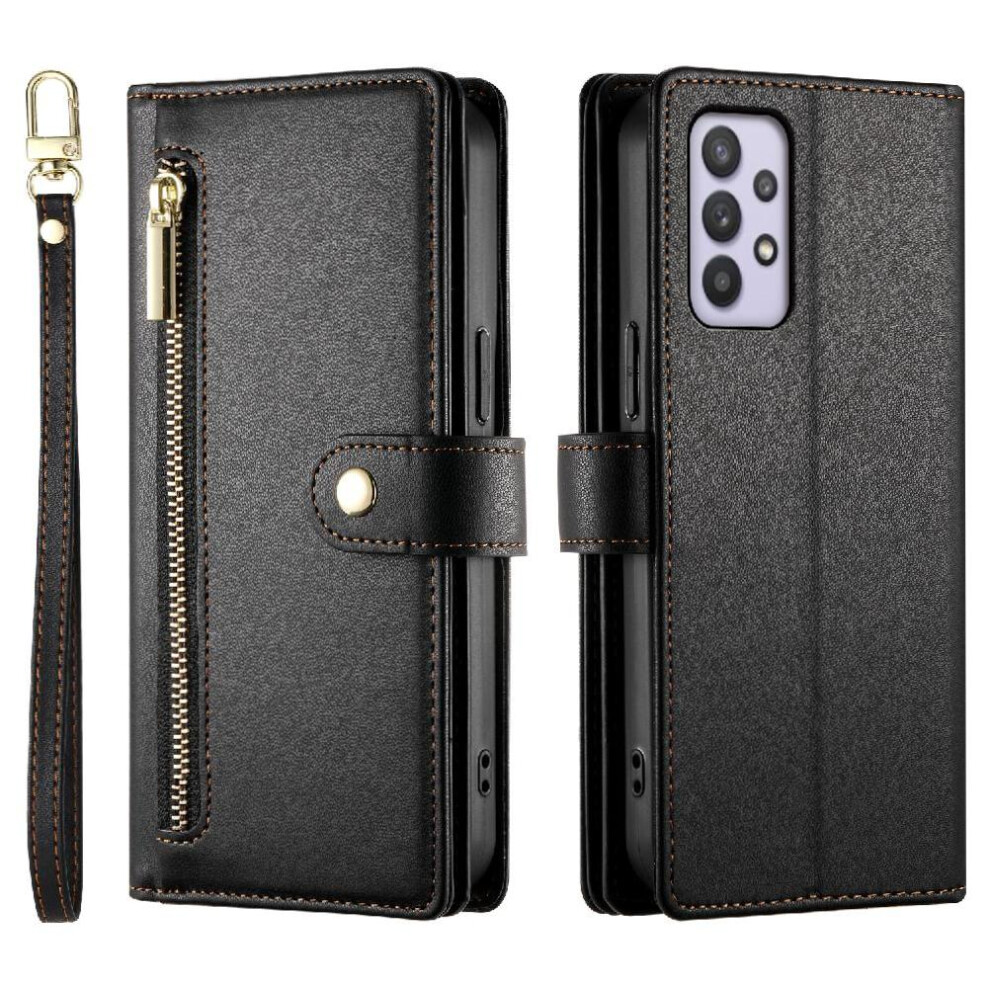 (Black) Flip Case For Samsung Galaxy A32 4G Wallet Compartment Kickstand Multifunctional Card Slots Wrist Strap Black 764762771546
