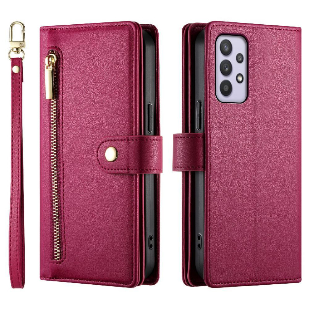 (Red) Flip Case For Samsung Galaxy A32 4G Wallet Compartment Kickstand Multifunctional Card Slots Wrist Strap Red 764762771508