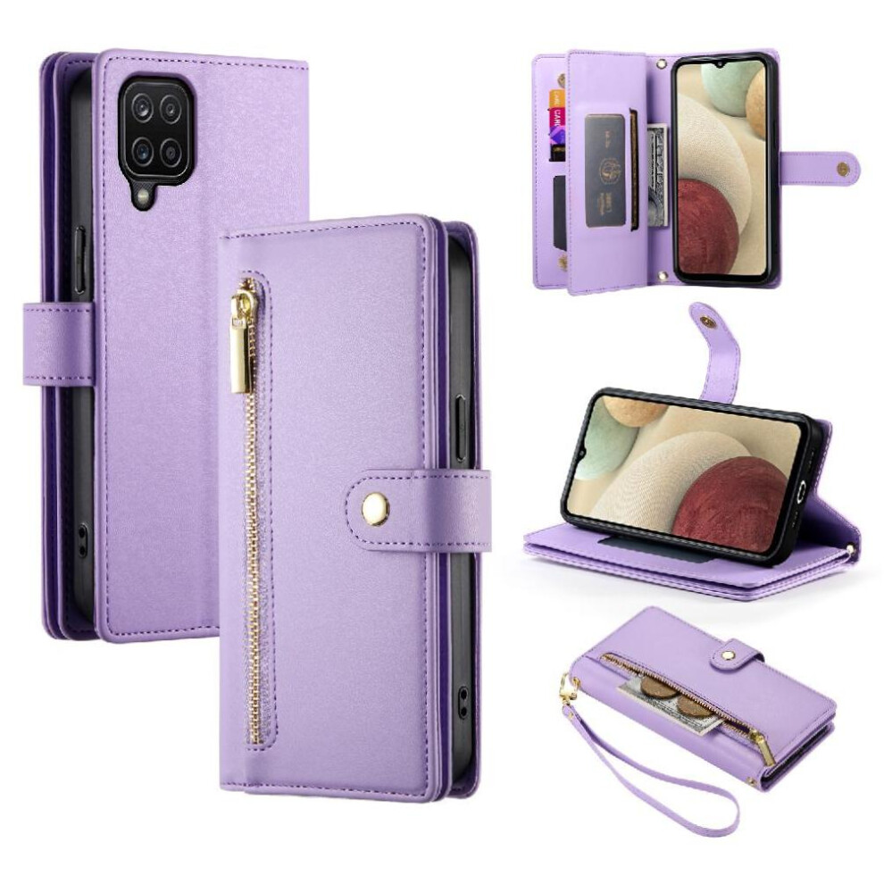 (Purple) Flip Case For Samsung Galaxy A12/M12 Kickstand Multifunctional Card Slots Wrist Strap Wallet Compartment Purple 764762772314