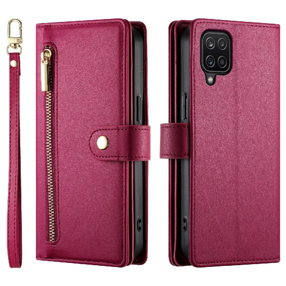 (Red) Flip Case For Samsung Galaxy A12/M12 Kickstand Multifunctional Card Slots Wrist Strap Wallet Compartment Red 764762772284