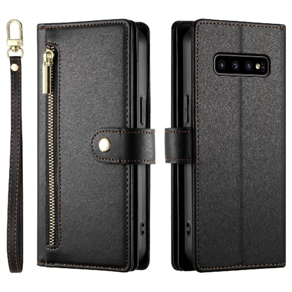 (Black) Flip Case For Samsung Galaxy S10 Multifunctional Card Slots Wallet Compartment Wrist Strap Kickstand Black 764762772505