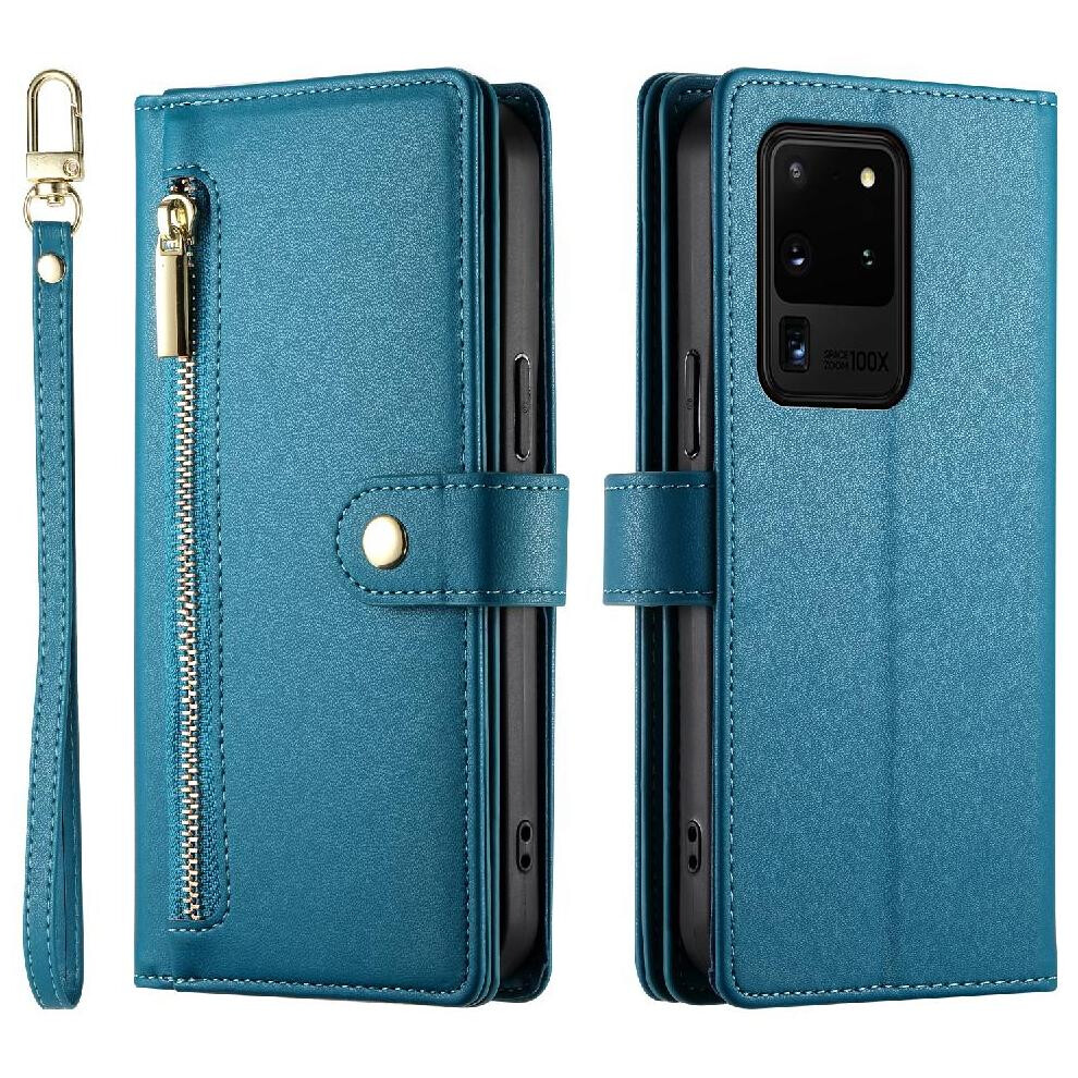 (Blue) Flip Case For Samsung Galaxy S20 Ultra Kickstand Wrist Strap Wallet Compartment Multifunctional Card Slots Blue 764762772871