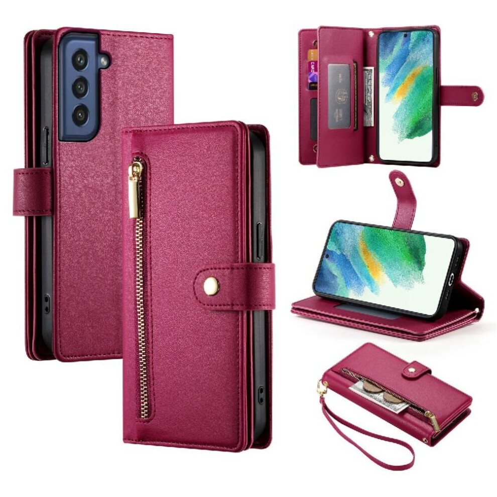 (Red) Flip Case For Samsung Galaxy S21 Fe Wrist Strap Multifunctional Card Slots Kickstand Wallet Compartment Red 764762772949