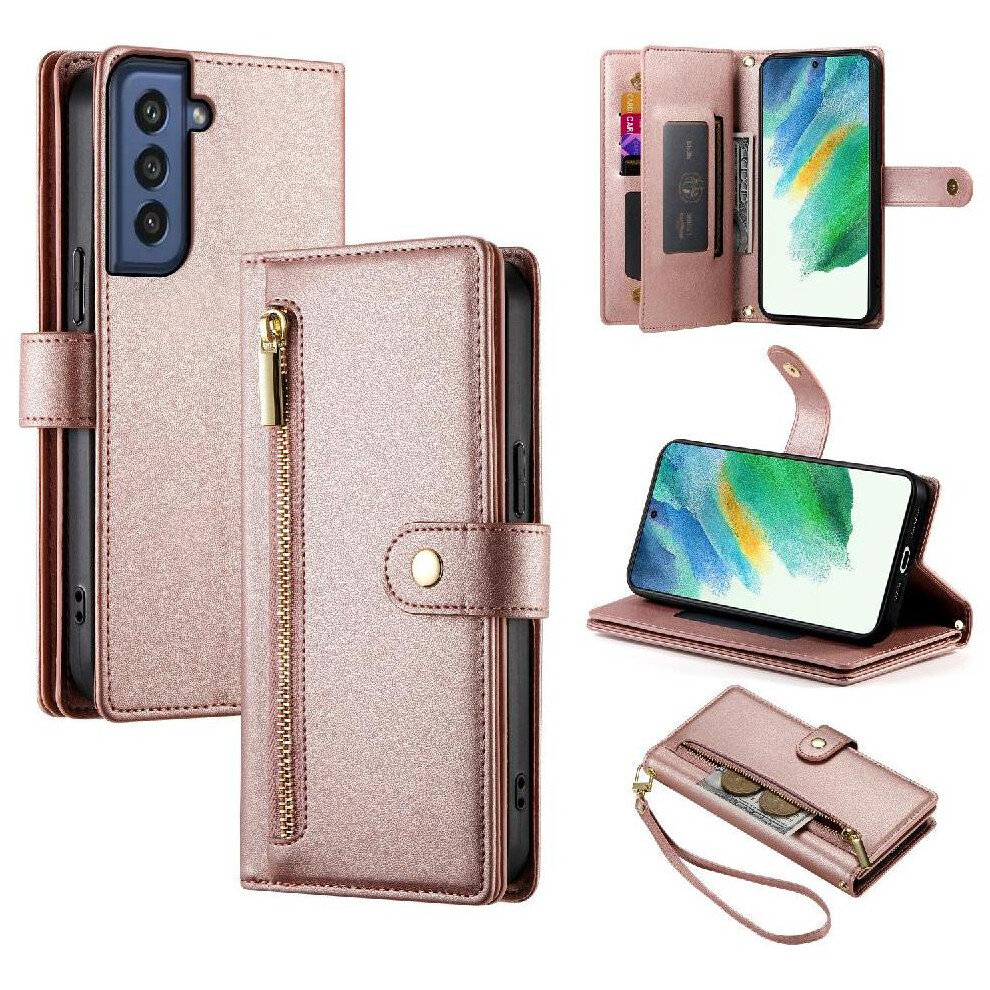 (Pink) Flip Case For Samsung Galaxy S21 Fe Wrist Strap Multifunctional Card Slots Kickstand Wallet Compartment Pink 764762772956