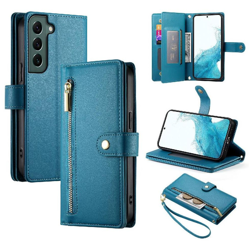 (Blue) Flip Case For Samsung Galaxy S22 Kickstand Wallet Compartment Wrist Strap Multifunctional Card Slots Blue 764762773175