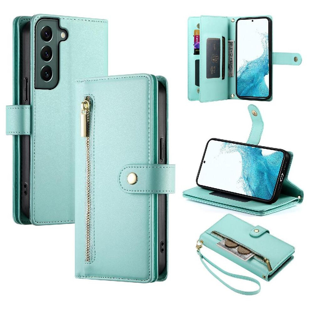 (Green) Flip Case For Samsung Galaxy S22 Kickstand Wallet Compartment Wrist Strap Multifunctional Card Slots Green 764762773144