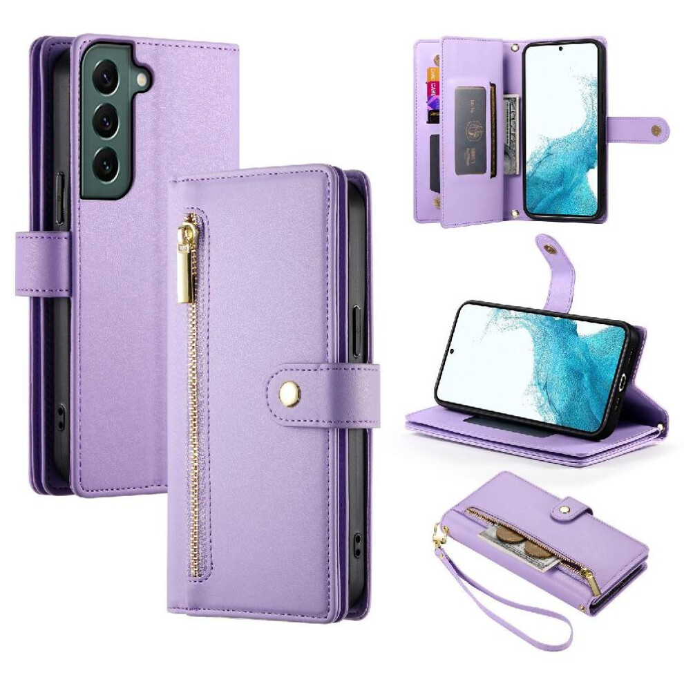 (Purple) Flip Case For Samsung Galaxy S22 Kickstand Wallet Compartment Wrist Strap Multifunctional Card Slots Purple 764762773151