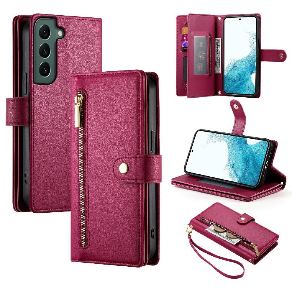 (Red) Flip Case For Samsung Galaxy S22 Kickstand Wallet Compartment Wrist Strap Multifunctional Card Slots Red 764762773120