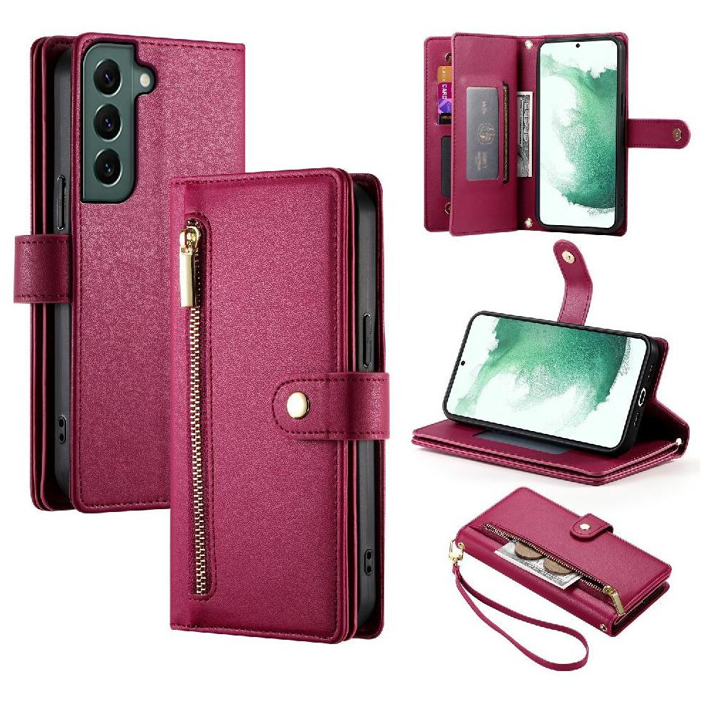(Red) Flip Case For Samsung Galaxy S22 Plus Wallet Compartment Multifunctional Card Slots Wrist Strap Kickstand Red 764762773182