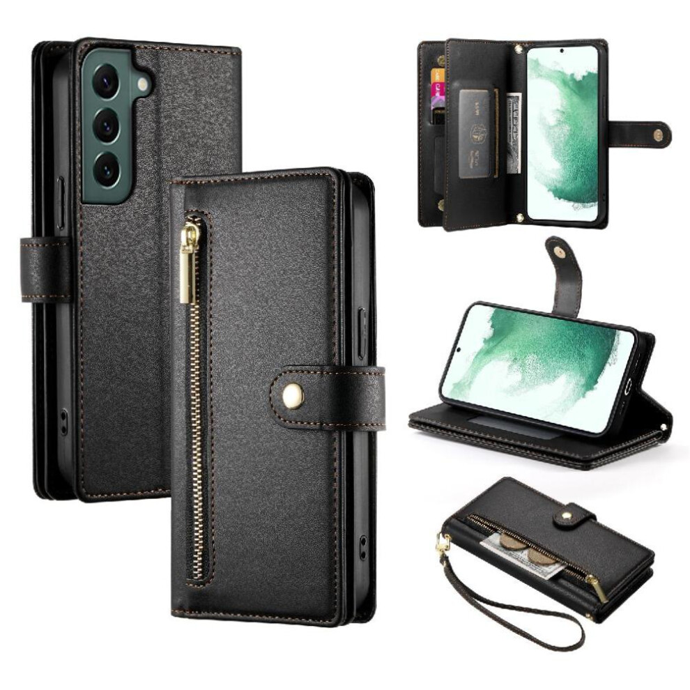(Black) Flip Case For Samsung Galaxy S22 Plus Wallet Compartment Multifunctional Card Slots Wrist Strap Kickstand Black 764762773229