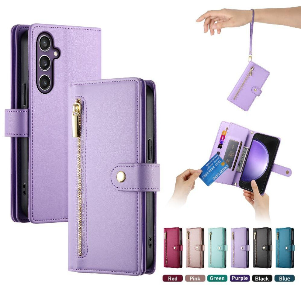 (Purple) Flip Case For Samsung Galaxy S23 Fe Wrist Strap Multifunctional Card Slots Wallet Compartment Kickstand Purple 764762773397