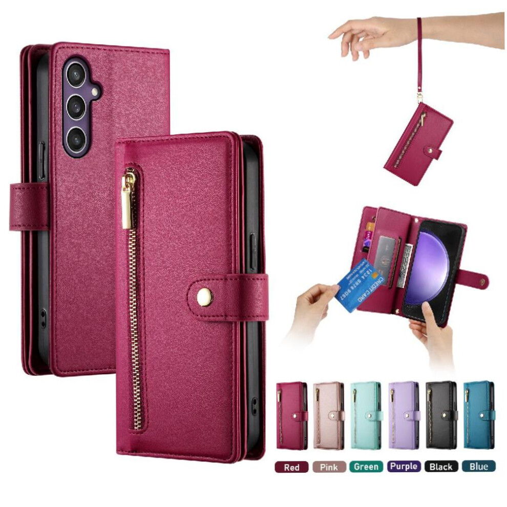 (Red) Flip Case For Samsung Galaxy S23 Fe Wrist Strap Multifunctional Card Slots Wallet Compartment Kickstand Red 764762773366